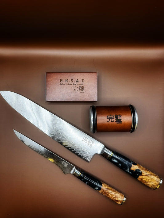 🔪 Kanpeki Damascus Messenset – XL Koksmes, Uitbeenmes &amp; Rollende Messenslijper